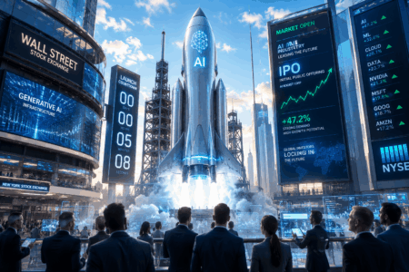 Futuristic stock exchange plaza with a rocket launch amid holographic AI charts and traders analyzing screens, centered under a bright sky.