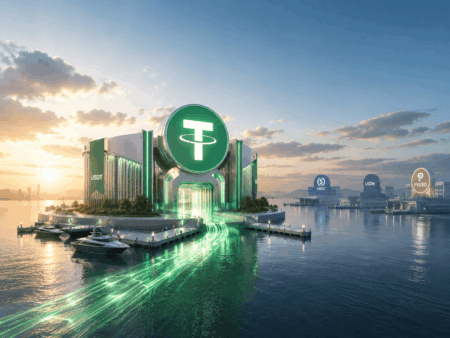 Tether Rebut Lagi Dominasi Pasar Stablecoin Futuristic waterfront cryptocurrency hub with a large green Tether logo and neon green light trails along the water at sunset/blue hour.