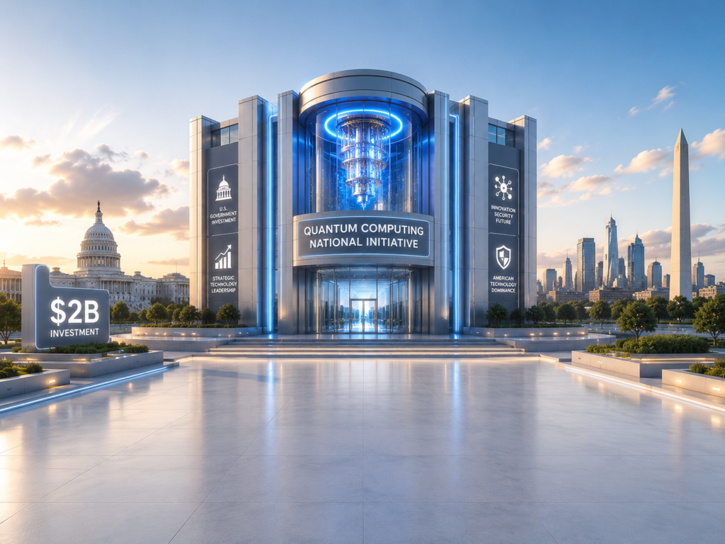 Futuristic government building with glowing blue accents and a central sign: Quantum Computing National Initiative, city skyline behind.