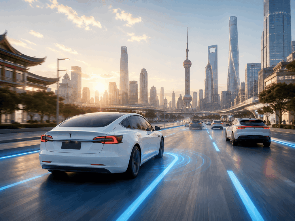 White Tesla sedan on a multi-lane road with blue neon lane markings and a modern city skyline at sunset.