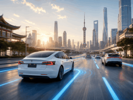 White Tesla sedan on a multi-lane road with blue neon lane markings and a modern city skyline at sunset.