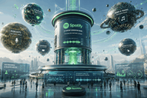 Futuristic Spotify AI hub with a central tower and glowing green rings, surrounded by floating spheres labeled Podcasts, Audiobooks, Remix & Tracks.