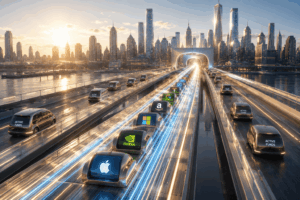 Futuristic bridge highway at sunset with glowing lanes and self-driving pods displaying tech logos (Apple, Nvidia, Google, Microsoft, Amazon) and 'Active Funds'.