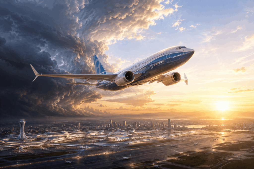 Boeing aircraft in flight above a futuristic airport at sunset, city skyline in the distance and dramatic clouds.