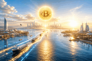 Giant glowing Bitcoin coin above a futuristic Dubai‑like skyline at sunset, with illuminated ships on a shimmering waterway.