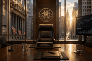 Leather chair behind a wooden desk in a formal Federal Reserve briefing room, seal on the wall and city skyline visible through large windows.
