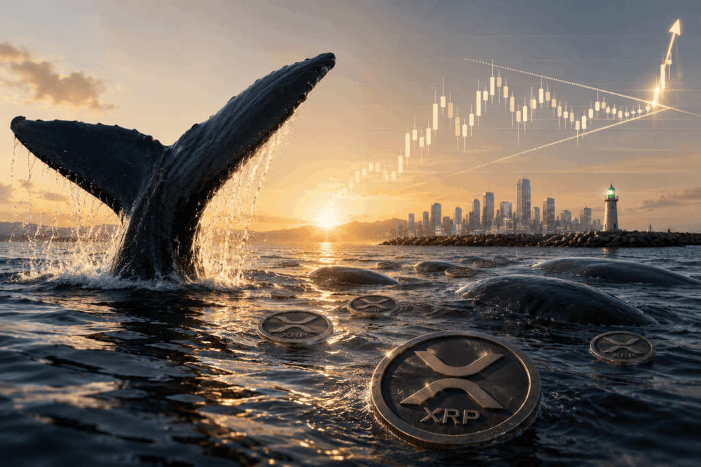 Whale tail breaching the sea as XRP coins float on the water at sunset, with a city skyline in the distance and a rising chart above.