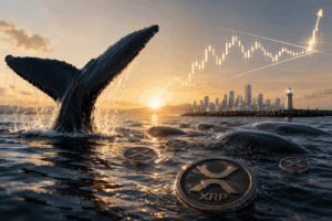 Whale tail breaching the sea as XRP coins float on the water at sunset, with a city skyline in the distance and a rising chart above.