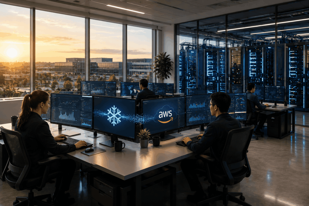 Open-plan data center office with colleagues at desks, multiple monitors showing charts, and blue server racks along the wall; sunset visible through windows.