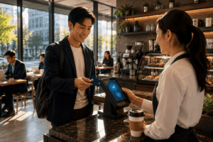 Customer in a blazer pays with a card at a cafe checkout using a card reader, with a takeaway coffee on the counter nearby.
