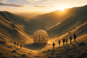 A colossal Bitcoin coin sits in a sunlit desert valley as suited professionals march toward it along a dusty trail.