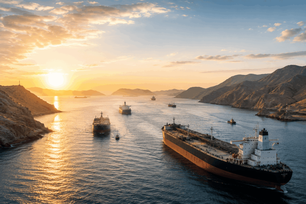 Sunset over a calm harbor with several cargo ships and rugged cliffs on both sides.