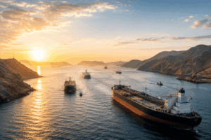 Sunset over a calm harbor with several cargo ships and rugged cliffs on both sides.