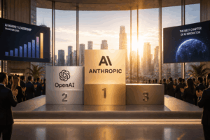 Award podium with three tiers labeled 2, 1, and 3; center tier shows 'AI ANTHROPIC' and OpenAI logo on the left, audience applauding in a futuristic conference hall with city skyline backdrop at sunset.