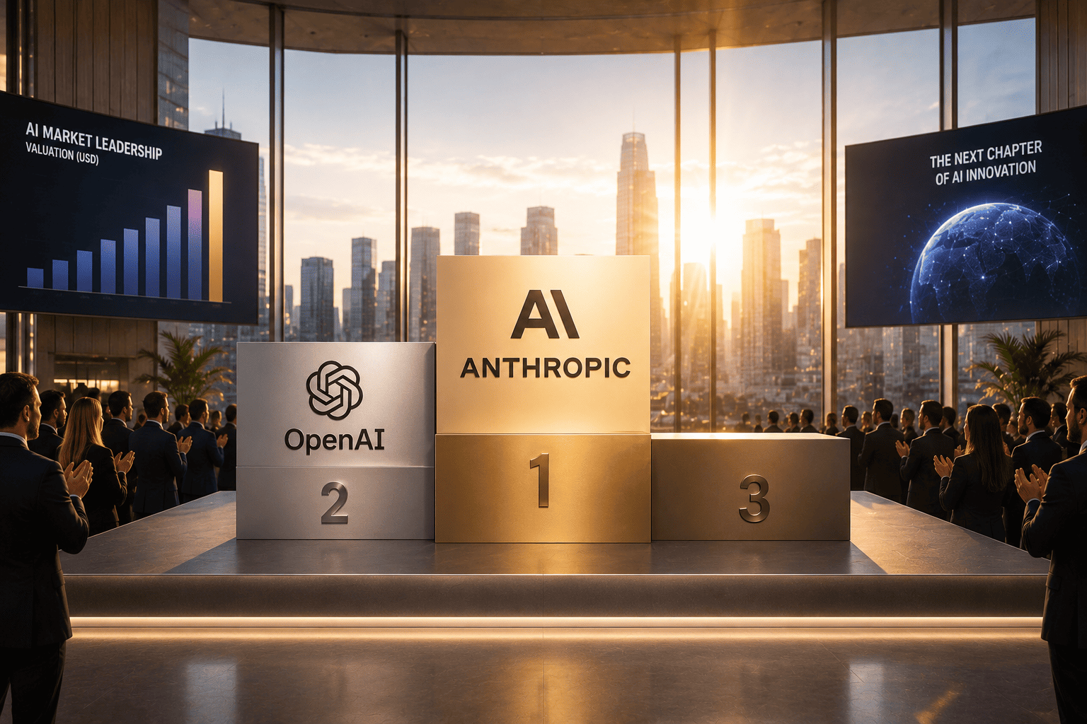 Award podium with three tiers labeled 2, 1, and 3; center tier shows 'AI ANTHROPIC' and OpenAI logo on the left, audience applauding in a futuristic conference hall with city skyline backdrop at sunset.