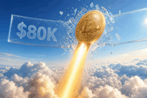 Bitcoin banner reading $80K is shattered as a gold Bitcoin rocket blasts upward through the clouds, signaling price surge.