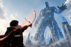 Hero in a GameStop cape fires a glowing energy bow at a towering robot covered in eBay logos in a futuristic city; stock growth lines rise nearby.