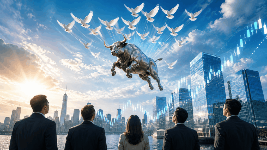 A metallic bull leaps above a city skyline as white doves fly outward, with five businesspeople watching from the foreground.