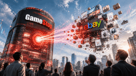 Crowd of businesspeople watching a futuristic display: a tall GameStop tower emits red energy toward a floating eBay cube collage over a city skyline.