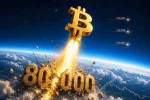 Bitcoin-themed rocket ship made from a gold Bitcoin logo blasting upward, signaling a price surge from 80,000 to higher values in space.