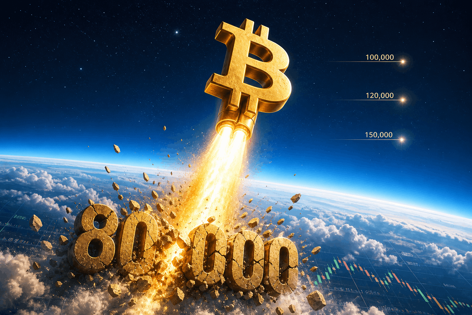 Bitcoin-themed rocket ship made from a gold Bitcoin logo blasting upward, signaling a price surge from 80,000 to higher values in space.