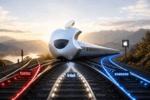 Futuristic high-speed train on glowing tracks with brand signs for TSMC, Intel, and Samsung, and an Apple-logo train against a sunrise landscape.