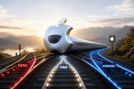 Futuristic high-speed train on glowing tracks with brand signs for TSMC, Intel, and Samsung, and an Apple-logo train against a sunrise landscape.