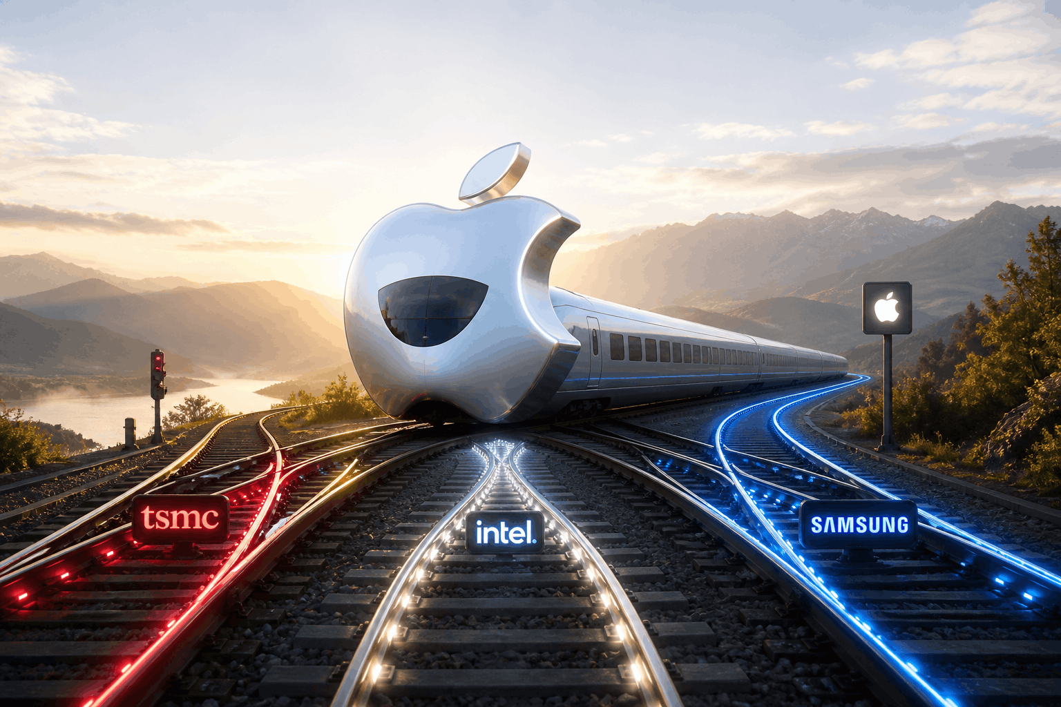 Futuristic high-speed train on glowing tracks with brand signs for TSMC, Intel, and Samsung, and an Apple-logo train against a sunrise landscape.