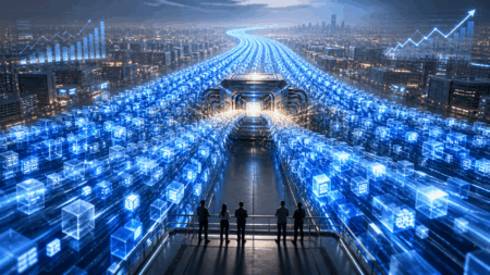 Futuristic data center with glowing blue cube servers streaming toward a central core as a city skyline glows in the distance, with several people on a platform observing.