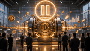 High-tech Bitcoin vault: a massive secure chamber with a glowing Bitcoin symbol and flying coins, observed by suited professionals.