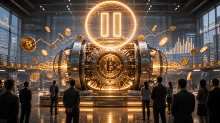 High-tech Bitcoin vault: a massive secure chamber with a glowing Bitcoin symbol and flying coins, observed by suited professionals.