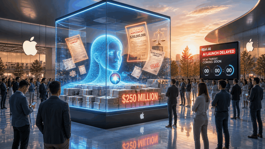 Futuristic glass cube display with a blue holographic head, stacks of cash, and legal papers labeled $250 million, surrounded by businesspeople.