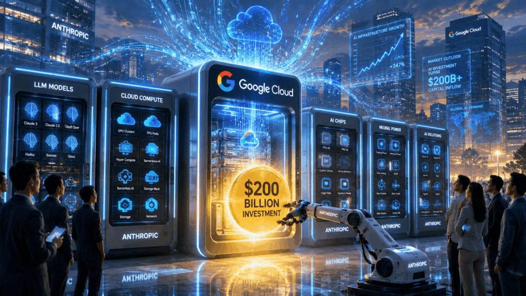 Futuristic data center with blue-lit server pods and a central golden coin stating $200 billion investment, surrounded by people and a robotic arm.