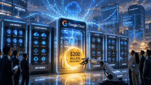 Futuristic data center with blue-lit server pods and a central golden coin stating $200 billion investment, surrounded by people and a robotic arm.