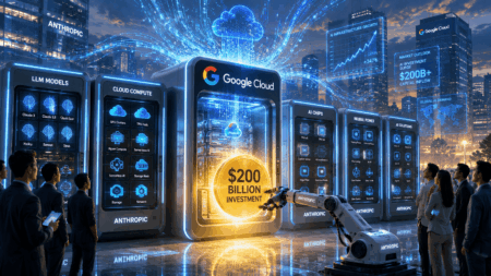 Futuristic data center with blue-lit server pods and a central golden coin stating $200 billion investment, surrounded by people and a robotic arm.