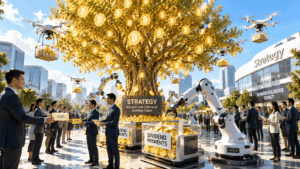 Businesspeople in suits gather around a golden Bitcoin tree, with robotic arms harvesting coins and a nearby sign reading STRATEGY: Building long-term value, sharing today.