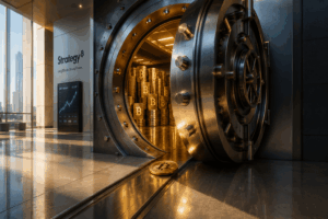 Open bank vault with stacked Bitcoin coins inside; a single Bitcoin sits on the shiny floor near the rail."