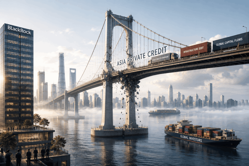 Bridge with a large banner reading 'ASIA PRIVATE CREDIT' over a city harbor, container ships and a tall skyline including a BlackRock office building in the foreground.