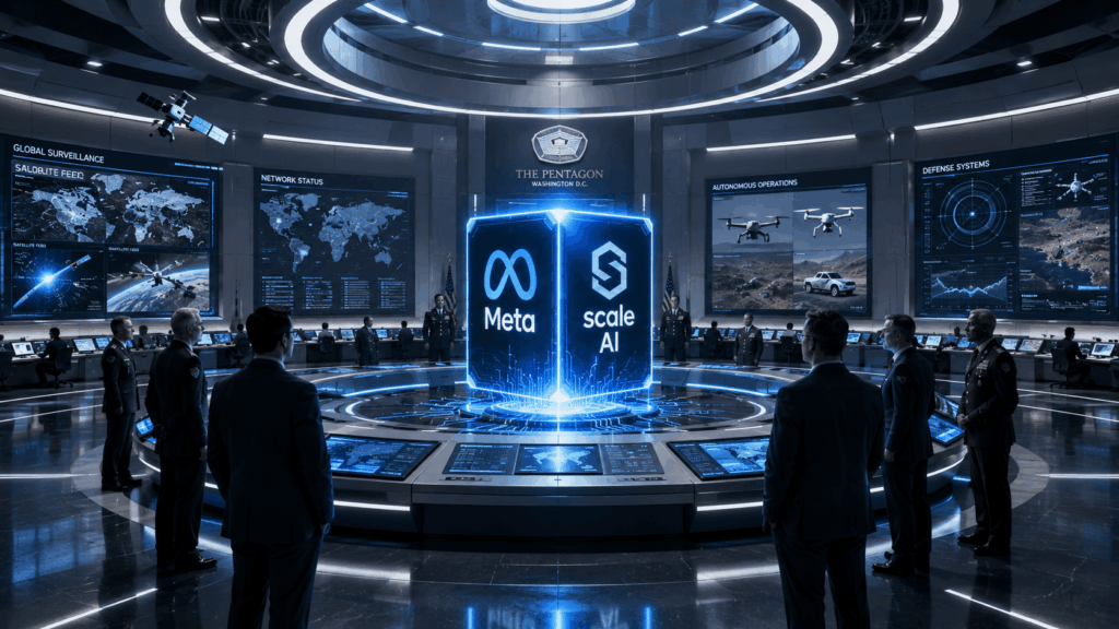 Futuristic Pentagon command room with a glowing blue holographic cube showing Meta and Scale AI logos at the center.