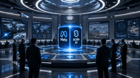Futuristic Pentagon command room with a glowing blue holographic cube showing Meta and Scale AI logos at the center.