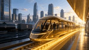 Gold high-speed train at a sleek city platform with glass skyscrapers in the background at sunset—informative context of transit modernization.