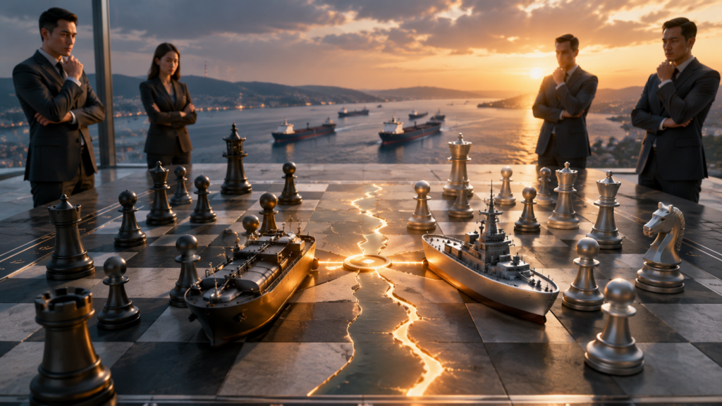 Four executives in suits stand around a giant chessboard with ship models, sunset over a harbor in the background.