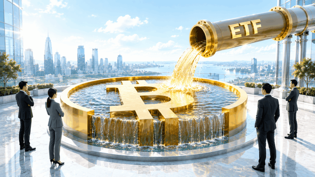 Giant gold Bitcoin statue in a circular fountain on a rooftop, with a gold ETF pipe pouring liquid into it while four professionals in suits look on.