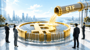 Giant gold Bitcoin statue in a circular fountain on a rooftop, with a gold ETF pipe pouring liquid into it while four professionals in suits look on.