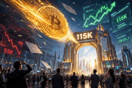 Glowing Bitcoin coin blasts toward a futuristic arch as rising market charts loom above a crowd of professionals. 115K shown prominently.