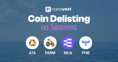 Banner announcing coin delisting on Nanovest with logos for ATA, FARM, MLN, and PHB over an ocean background.