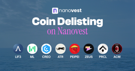 Nanovest banner announcing 'Coin Delisting on Nanovest' with eight crypto logos (LIF3, ML, CREO, ATR, PEIPEI, ZEUS, PRCL, ACM) along the bottom over an ocean background