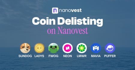 Nanovest banner announcing coin delisting with seven coin logos (SUNDOG, LADYS, FWOG, NEON, LMWR, MAVIA, PUFFER) over a sea background.