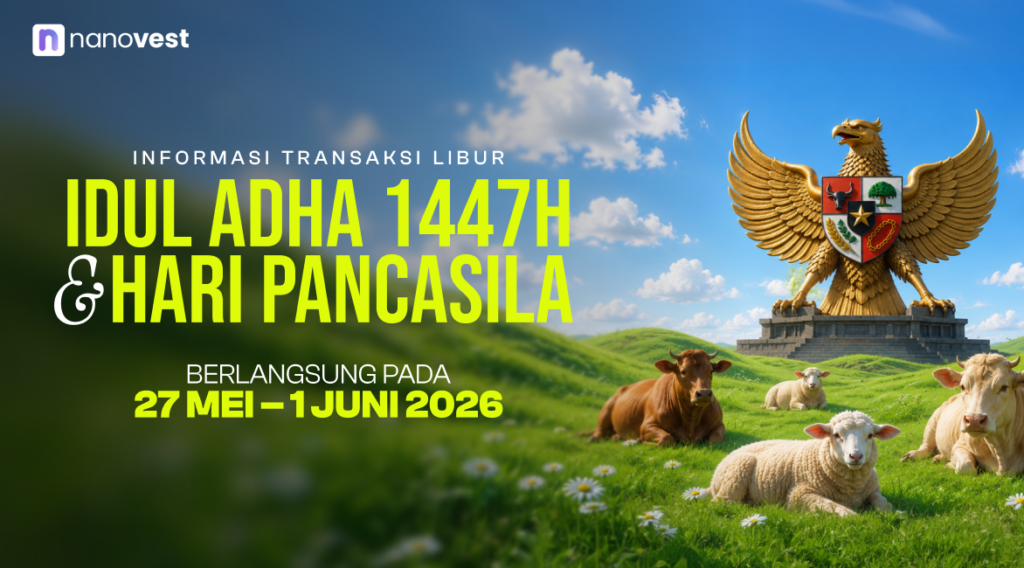 Nanovest promotional banner announcing Idul Adha 1447H and Pancasila Day holidays (May 27–June 1, 2026) with a Garuda statue and green pastoral scene.