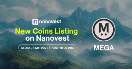Banner promoting a 'New Coins Listing on Nanovest' with Mega logo on a mountain landscape and event date May 5, 2026 at 18:00 WIB